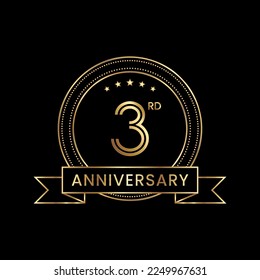 Diseño del logo del 3er Aniversario con color dorado para la celebración del evento, invitación, banner, afiche, volante, tarjeta de saludo. Diseño de arte de línea, Ilustración de vectores de logotipos