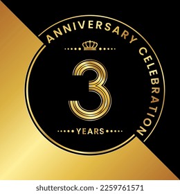3.ᵉʳ Aniversario. diseño de logotipo con números dorados y texto para celebración de cumpleaños, invitación, boda, tarjeta de saludo, banner, afiche, volante, folleto. Plantilla de vectores de logotipos