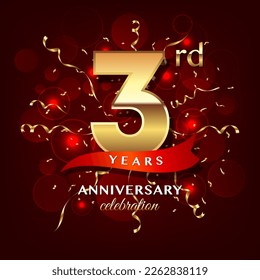 3rd Anniversary logo design with golden number and red ribbon for anniversary celebration event, invitation, wedding, greeting card, banner, poster, flyer, brochure, book cover. Logo Vector Template