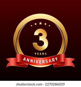 3rd Anniversary logo design with golden ring and red ribbon. Logo Vector Template Illustration