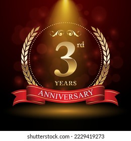 3rd Anniversary. Anniversary logo design with Laurel wreath and red ribbon for celebration event, wedding, invitation, greeting card. Vector illustration