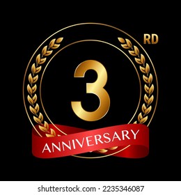 3.ᵉʳ Aniversario. Diseño del logotipo del aniversario con Laurel Wreath y Red Ribbon para la celebración, Boda, Invitación, Tarjeta de felicitación. Ilustración del vector de logotipo