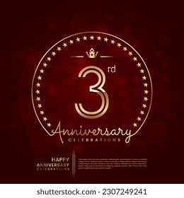 3rd anniversary logo with double line number and golden text for birthday celebration event, invitation, banner poster, flyer, and greeting card, vector template