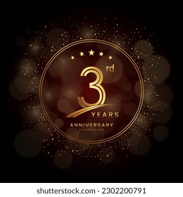 3rd anniversary logo with gold double line style decorated with glitter and confetti Vector EPS 10