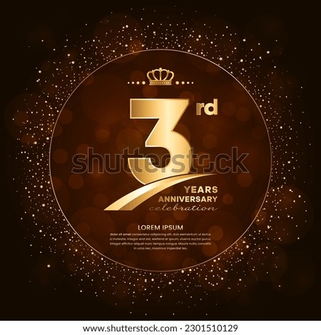 3rd anniversary logo with gold numbers and glitter isolated on a gradient background