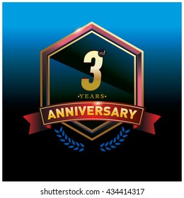 3rd anniversary logo with gold ring and red ribbon. Anniversary signs illustration. Gold anniversary logo design and illustration