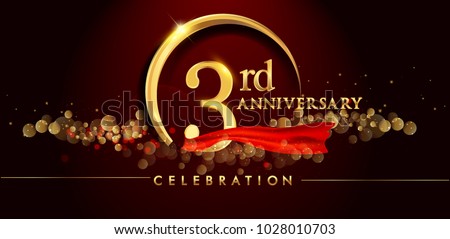 3rd anniversary logo with golden ring, confetti and red ribbon isolated on elegant black background, sparkle, vector design for greeting card and invitation card