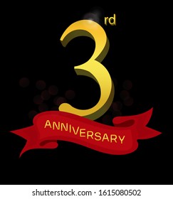 3rd anniversary logo with red ribbon isolated on elegant black background, vector design for celebration purpose