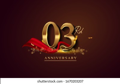 3rd anniversary logo with red ribbon and golden confetti isolated on elegant background, sparkle, vector design for greeting card and invitation card.