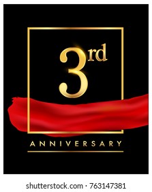3rd anniversary logo with red ribbon  and confetti golden colored isolated on elegant background, vector design for greeting card and invitation card