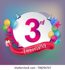 3rd Anniversary logo with ribbon, balloon, and gift box isolated on circle object and colorful background