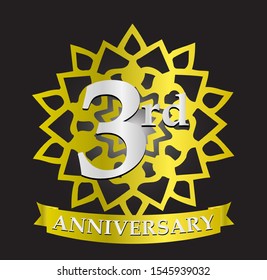 3rd anniversary logo with silver and gold ribbon. Vector design template elements for your birthday celebration.