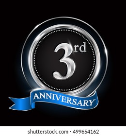 3rd anniversary logo with silver ring and blue ribbon.