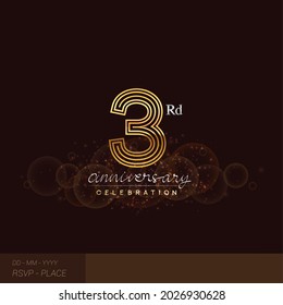 Logotipo de 3er aniversario con brillantes y brillantes colores dorados aislados en un fondo elegante.