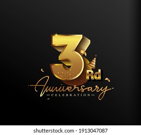 3rd Anniversary Logotype with Gold Confetti Isolated on Black Background, Vector Design for Greeting Card and Invitation Card