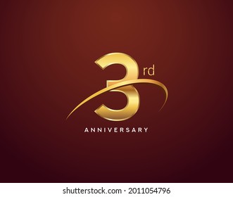 3rd anniversary logotype golden color with swoosh, isolated on elegant background for anniversary celebration event.