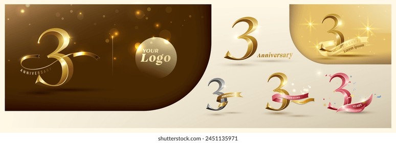 Logotipo del tercer aniversario número de oro moderno con cinta brillante. Logotipo alternativo número de la celebración del aniversario de oro