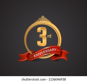 3rd anniversary logotype style design luxury  golden color and ornament with warp red ribbon for company celebration event
