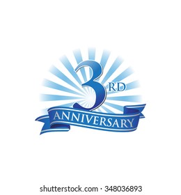 3rd anniversary ribbon logo with blue rays of light