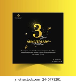 3rd Anniversary Template design with golden stage for celebration event, wedding, greeting card and invitation card. 