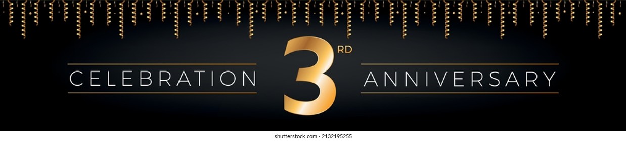 3rd anniversary. Three years birthday celebration horizontal banner with bright golden color.