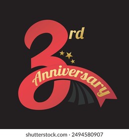 Diseño de tipografía de 3er aniversario con una cinta roja, confeti. Insignia y etiqueta de 3 años de aniversario. Tarjeta de felicitación de Boda. Plantilla, Anuncio, cartel de la celebración del cumpleaños del negocio. Logo de tres años.