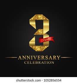 3rd anniversary years celebration logotype. Logo ribbon gold number and red ribbon on black background.