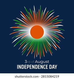 3rd of august, niger independence day. Nigerien colorful fireworks flag on blue night sky background. Niger national holiday august 3. Independence day greeting card. Vector illustration