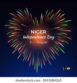 3rd of august, niger independence day. Nigerien heart shaped colorful fireworks flag on blue night sky background. Niger national holiday august 3. Independence day greeting card. Vector illustration