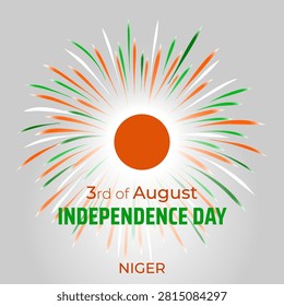 3rd of august, niger independence day. Nigerien colorful fireworks flag on white background. Niger national holiday august 3. Independence day greeting card. Vector illustration