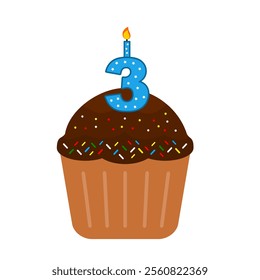 3rd Birthday Cake. Chocolate cupcake clip art vector. Cupcake with colourful mess candy isolated on a white background. Anniversary cake. Birthday cake. Valentine cupcake