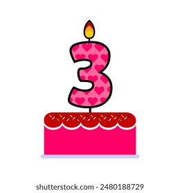 3rd Birthday cake. Pink happy birthday cake with numeral candles. doodle cake cartoon sweet gift. Gift print for kids or toddlers. social media post element
