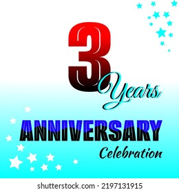 3rd birthday celebration background. Red gradient colored numbers and blue gradient background decorated with stars.