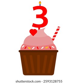 3rd birthday cupcake cartoon clip art. Cupcake chocolate cartoon flat style. Isolated white background