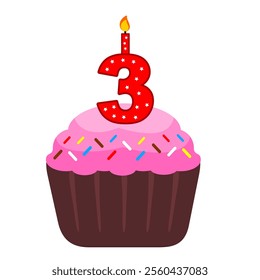 3rd birthday cupcake. Pink cupcake with a numeral red candle on top. Birthday or Anniversary event element. Sweet Desert. Pink cupcake clip art cartoon style isolated in white background