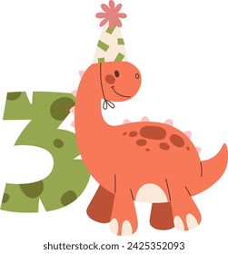 3rd Birthday Girl Dinosaur Vector Illustration