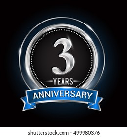 3rd birthday logo with silver ring and blue ribbon, Vector design template elements for anniversary celebration, wedding, jubilee, greeting card, invitation, party.