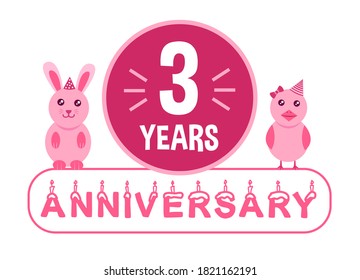 3rd birthday. Three years anniversary celebration banner with pink animals theme for kids.