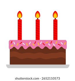 3rd chocolate birthday red candle tart cake with pink toping colour vector illustration. Anniversary cake cartoon flat style. Tart clip art sweet cake