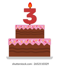 Bolo de tarte de aniversário de 3º chocolate com ilustração de vetor de cor de cobertura rosa. Estilo plano de desenho animado de bolo de aniversário. Iniciar clip art bolo doce
