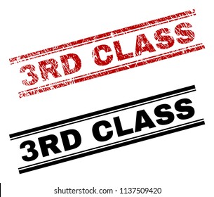 3RD CLASS stamp seal print with red distress and clean black version. Red vector rubber print of 3RD CLASS tag with retro style. Tags are placed between double parallel lines.