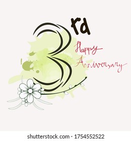 3rd and flower with water color brush vector illustration. Happy third anniversary concept. Suitable for wedding cards, greeting cards