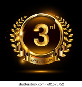 3rd Golden Anniversary Celebration Logo With Ring And Ribbon, Laurel Wreath Design