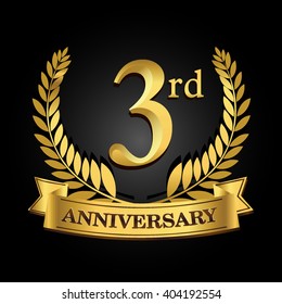3rd golden anniversary logo with ring and ribbon, laurel wreath vector design isolated on black background