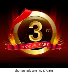 3rd golden anniversary logo with ring and red ribbon. Vector design template elements for your birthday celebration.