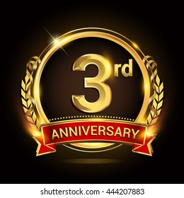 3rd golden anniversary logo, with shiny ring and red ribbon, laurel wreath isolated on black background, vector design