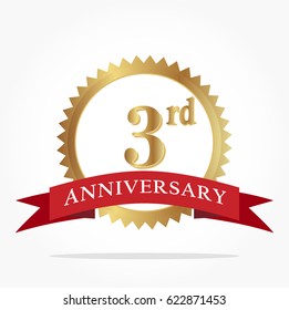 3rd golden anniversary logo vector with red ribbon and shadow effect