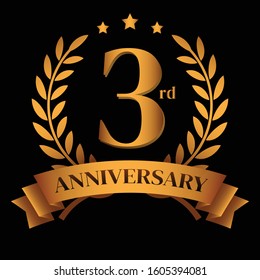 3rd golden anniversary logo,with Laurel Wreath and gold ribbon Vector Illustration