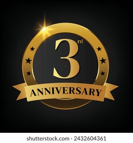 3rd golden anniversary logo,with Laurel Wreath and gold ribbon Vector Illustration