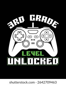3rd Grade Level Unlocked Kids Gamer Joystick Silhouette Vector, Typography T-shirt Design Template